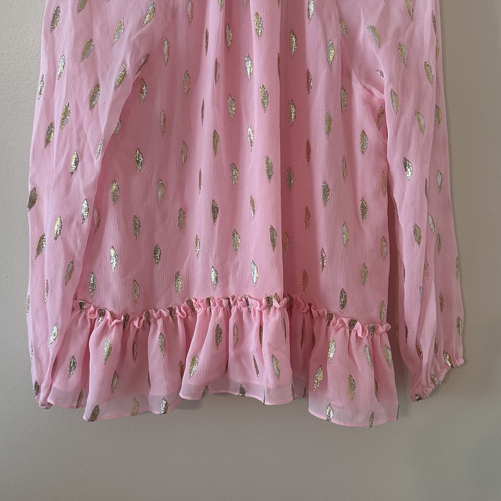 Lilly Pulitzer Tensley‎ Silk Top Pink Metallic Silver Gold Feathers Ruffles Sz S - Picture 8 of 15